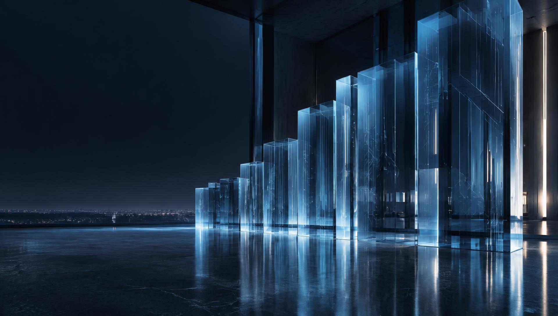 Sculptural blue glass architecture rising in a modern technology space